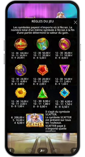 Écran des règles du jeu et aperçu des gains des symboles