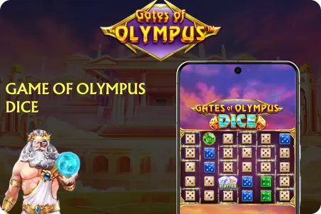 Promotional banner for Gates of Olympus Dice showing Zeus holding a glowing orb on the left, a smartphone displaying the Dice variant gameplay grid with colorful dice symbols on a purple sky background, and the Gates of Olympus logo at the top