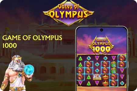 Promotional banner for Gates of Olympus 1000 showing Zeus holding a glowing orb on the left, a smartphone displaying the 1000 variant gameplay grid with gem symbols and the Gates of Olympus 1000 logo on screen, set against a temple background