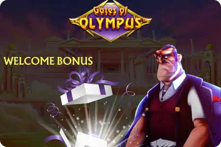 Promotional banner for Gates of Olympus welcome bonus showing a suited cartoon bouncer character standing next to a glowing gift box with ribbons flying, Gates of Olympus logo at the top and Welcome Bonus text in yellow on the left